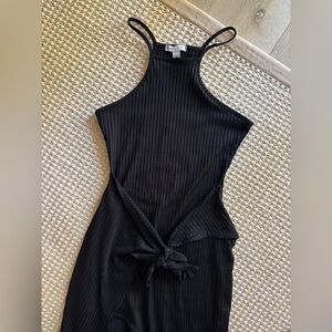 Black Ribbed Tie-Waist Halter Dress